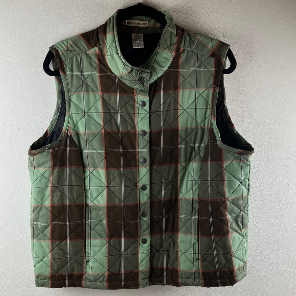 Rebecca Malone Plaid Quilted Vest Green Brown Red Heritage Core Size Large